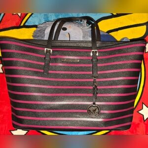Michael Kors Black and Maroon Striped Tote